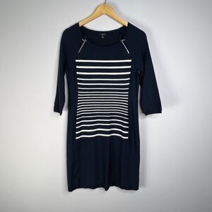 Ann Taylor Merino Wool Sweater Dress Navy Stripes Size Med Petites 3/4 Sleeve